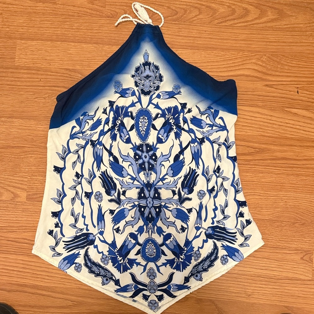 Mediterranean Style Halter neck Scarf Top Size Large Blue And White